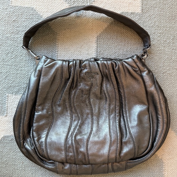 PRADA SILVER METALLIC HOBO BAG, Leather - Picture 1 of 11